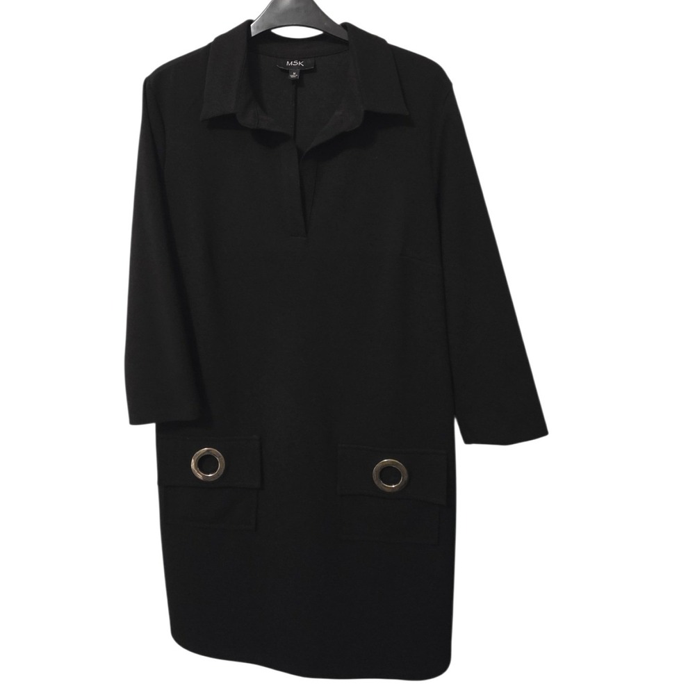 MSK Womens Black Shift Dress 3/4 Sleeve Grommet Pocket Collared Size Medium